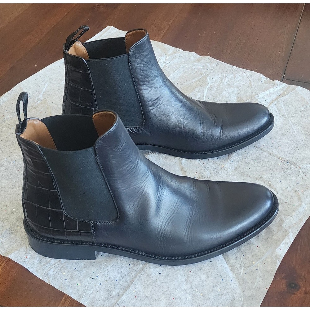 Taft Hiro Black‎ Leather Chelsea Boots Ankle Crocodile Accents Sz 39.5